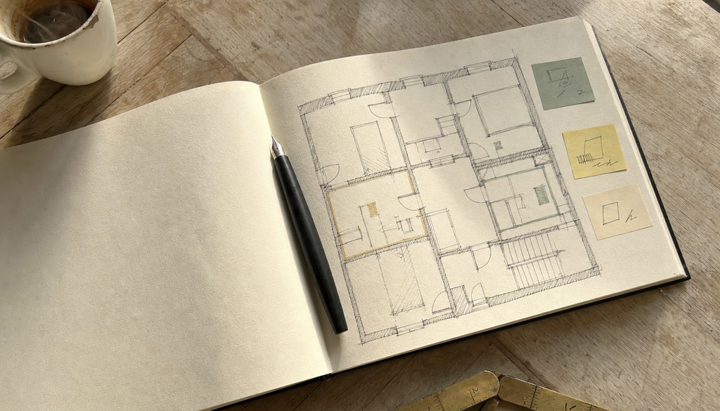 Carnet d'architecte ouvert avec plan dessiné à l'encre noire et annotations colorées, ambiance d'atelier parisien