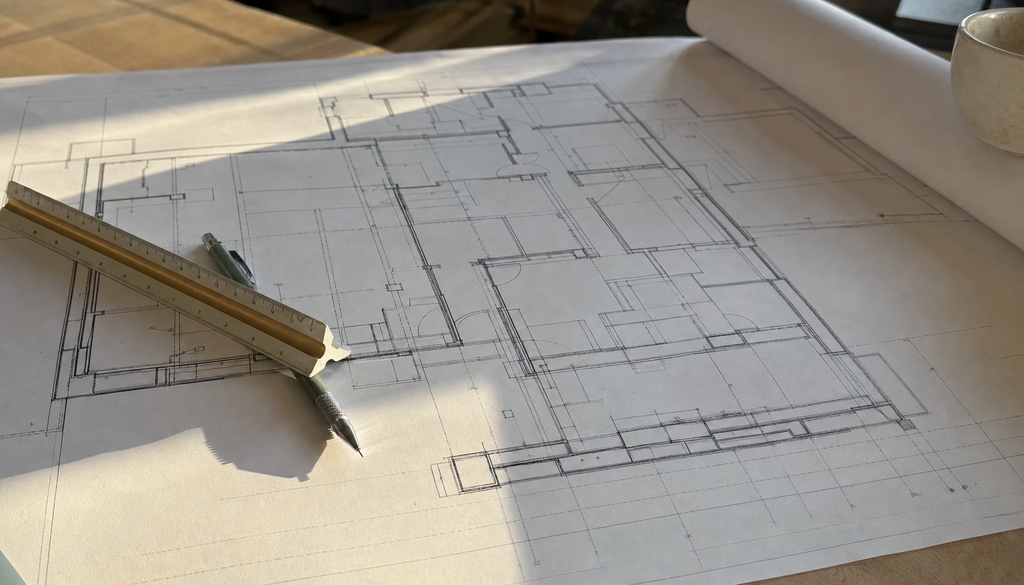 Plan architectural déroulé sur une table à dessin, scalimètre posé en travers, lumière rasante de fin de journée