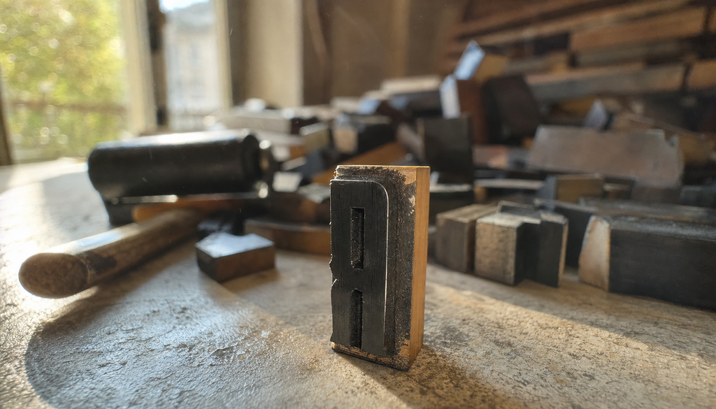 Caractères d'imprimerie anciens en gros plan, encre noire aux bords irréguliers, lumière rasante sur un comptoir de pierre
