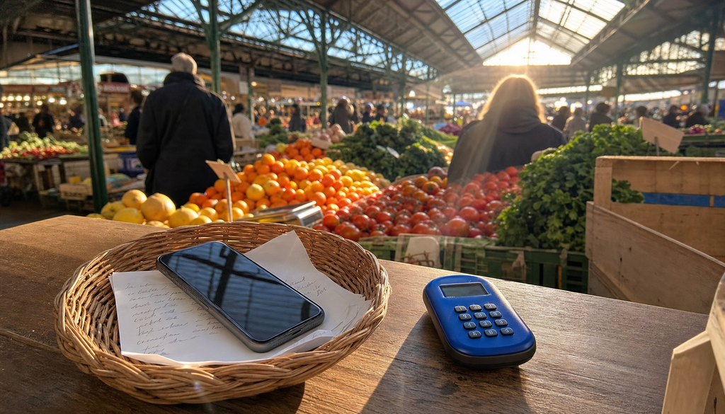 Marché couvert animé et coloré, panier en osier avec téléphone et petit terminal de paiement bleu au premier plan