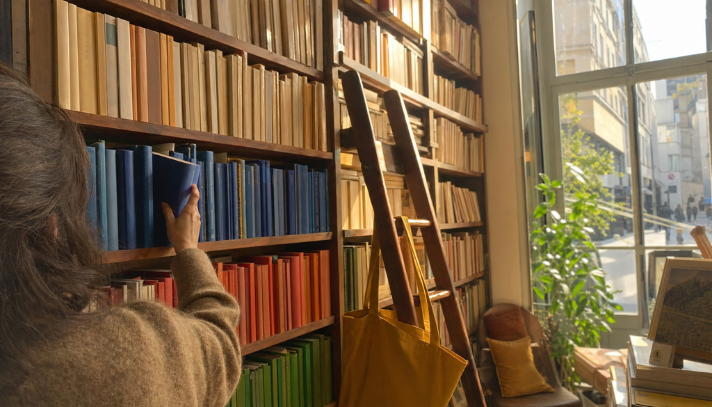 Main choisissant un livre bleu roi parmi des rangées de tranches colorées dans une librairie ensoleillée