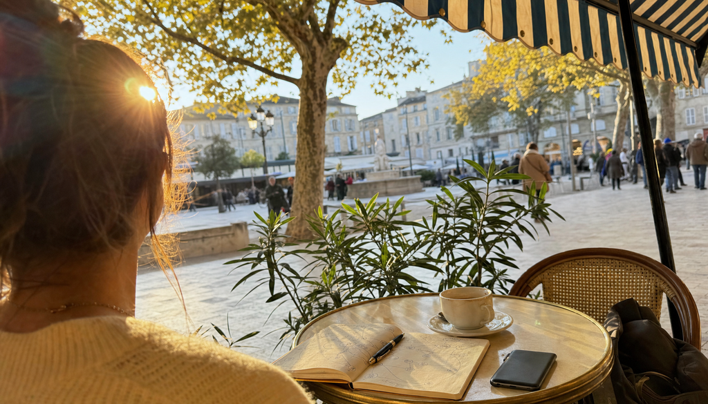 Vue par-dessus l'épaule en terrasse au soleil couchant : carnet de schémas, café crème et place animée aux platanes