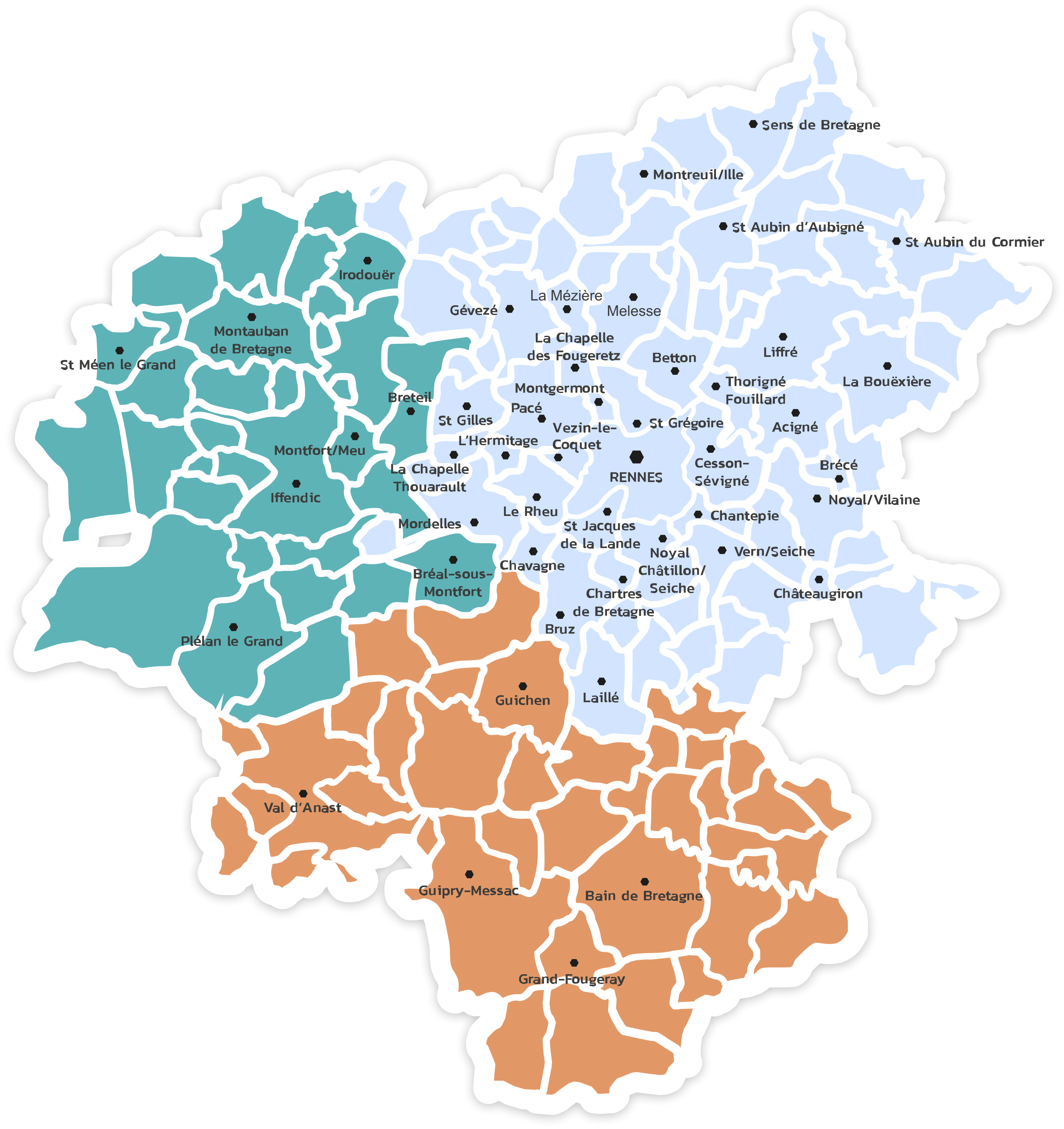 Carte du bassin d'emploi de Rennes montrant les 9 communautés de communes où Tandem intervient