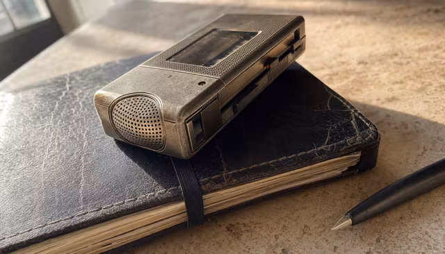 Dictaphone vintage en métal patiné posé sur un dossier juridique en cuir vieilli, lumière rasante du matin