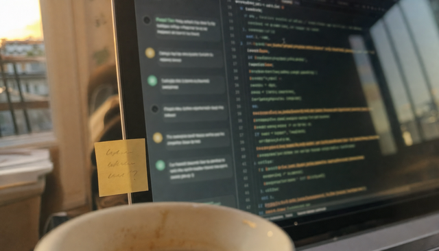 Gros plan sur un écran de portable affichant du code généré par IA flouté, un post-it collé au bord de l'écran