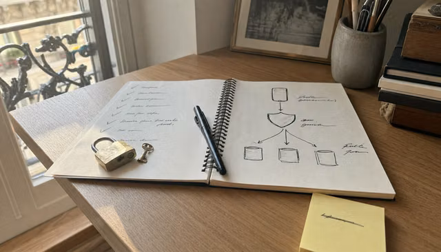 Carnet ouvert avec un schéma de flux de données dessiné à l'encre, checklist manuscrite cochée et petit cadenas en laiton