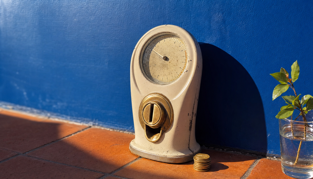 Compteur à pièces ancien devant un mur bleu roi au soleil, petite pile de pièces dorées à son pied