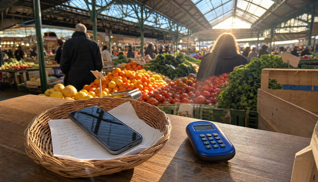 Marché couvert animé et coloré, panier en osier avec téléphone et petit terminal de paiement bleu au premier plan