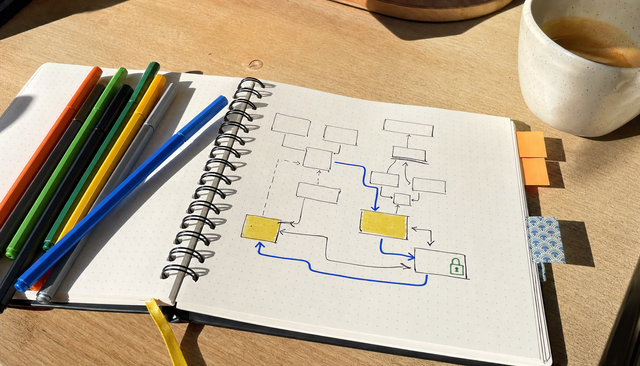 Carnet d'architecture au soleil : schéma à l'encre rehaussé de jaune et bleu roi, cadenas vert griffonné, feutres colorés