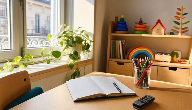 Cabinet d'orthophoniste lumineux : bureau avec carnet et dictaphone, jouets en bois colorés et plante au soleil