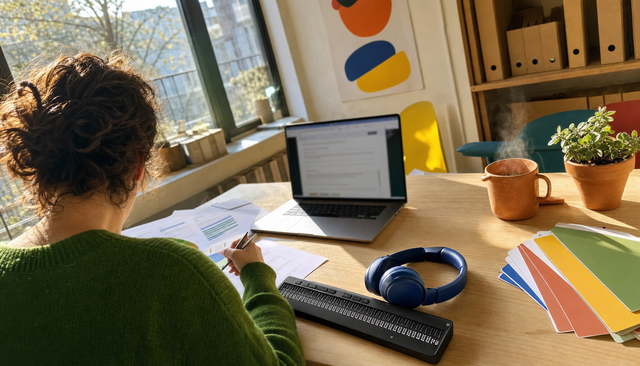 Coworking ensoleillé : personne de dos étudiant un rapport d'audit d'accessibilité, plage braille et casque bleu roi sur le bureau