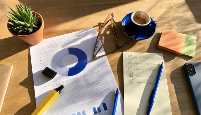 Vue de dessus d'un bureau avec rapport d'audit, checklist cochée à la main et surligneurs colorés